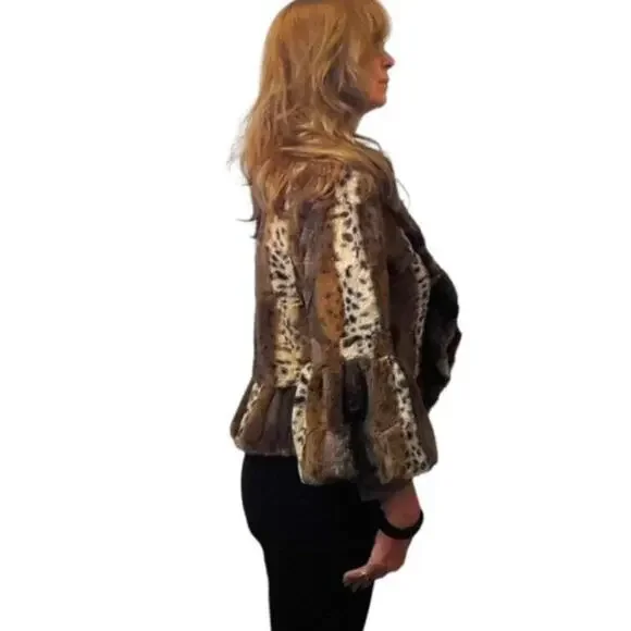 Y2K Pea Coat Sz M Faux Leopard Patchwork Animal Print Jacket Cropped Bell Ruffle - Picture 14 of 15